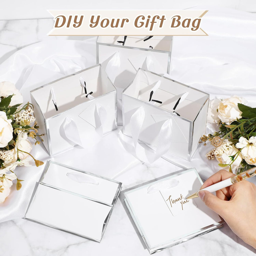 50 Pcs Mini Metallic Paper Gift Bags with Handle, White, Silver