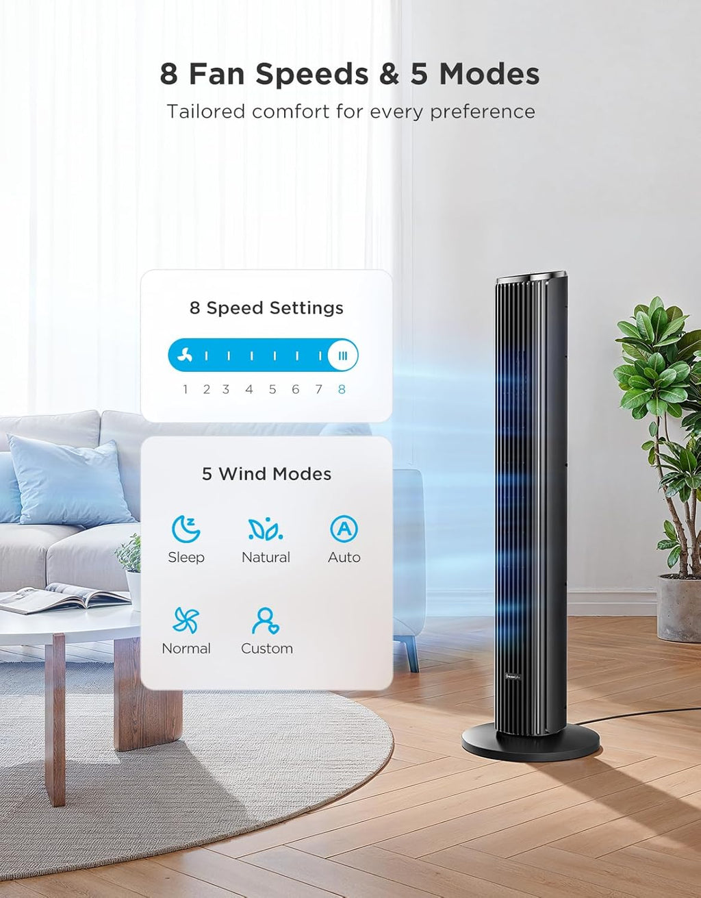 36 in. Black Tower Fan for Bedroom, 5 Modes 8 Speeds up to 25ft/s | Smart Floor Fan with App/Voice Control, Temp