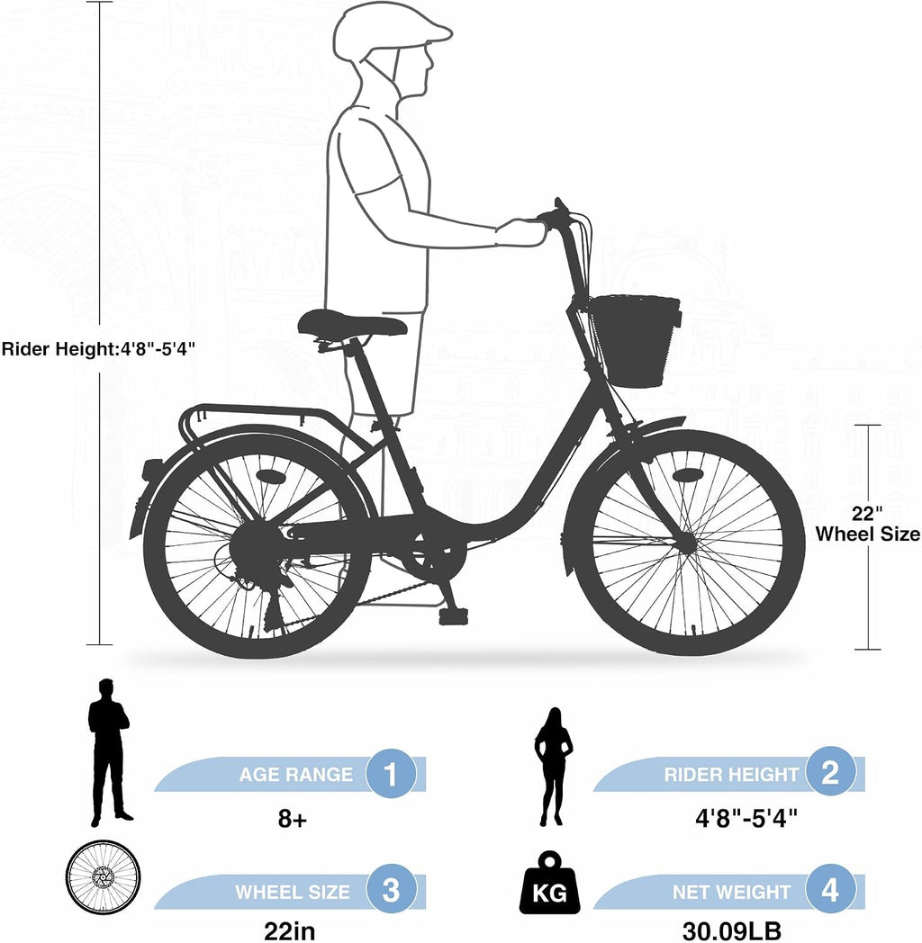 22/26 Inch Women's Bike Beach Cruiser Bike for Women/Girls，City Hybrid Bike 7 Speeds Adult Bicycle Commuter Bike for