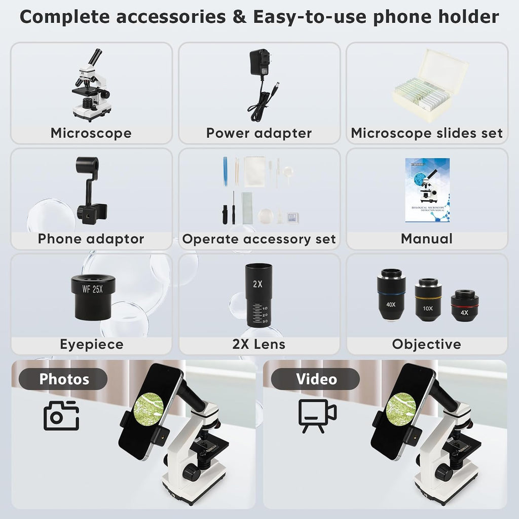 Microscope for Adults Professional:Compound Microscope for Kids 8-12,100X-2000X Kids Microscope Kit with Prepared