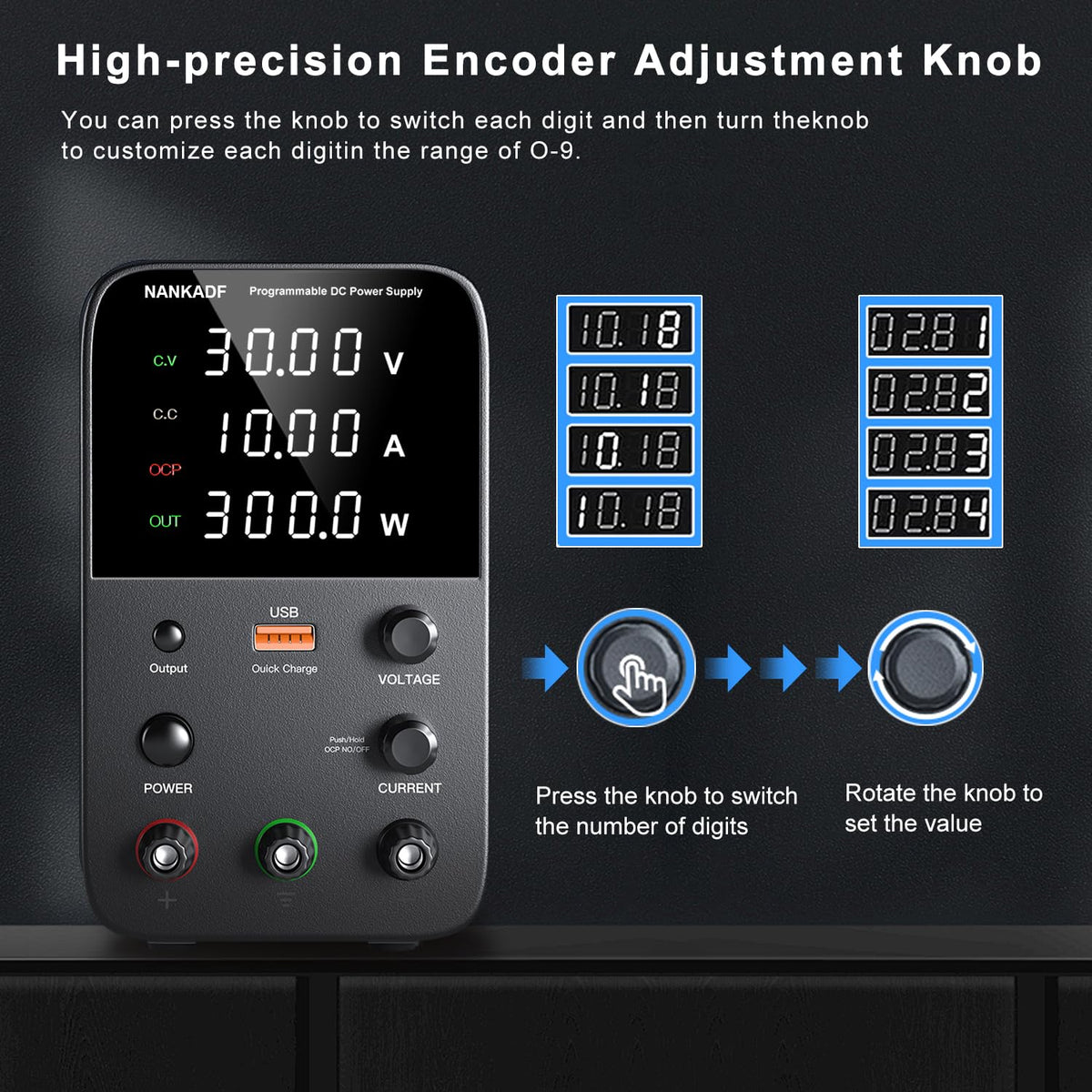 DC Power Supply Variable, Bench Power Supply with Encoder Adjustment Knob, Output Enable/Disable Button, Adjustable Power Supplies with USB Quick-Charge, Short Circuit Alam (30V 10A Black)