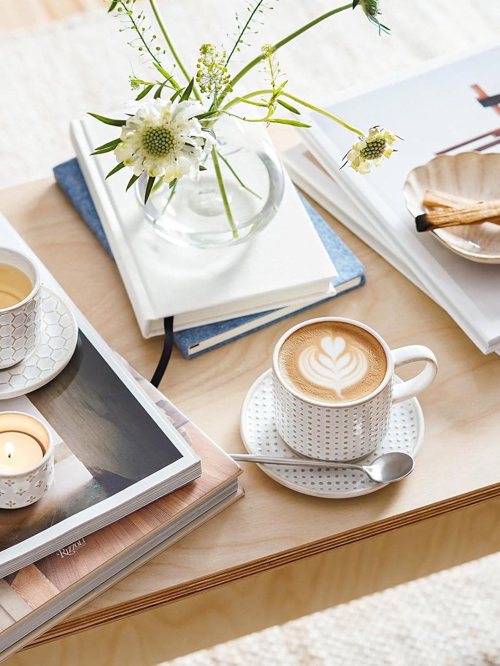 6 oz Stackable Cappuccino Cups with Saucers and Stand, Set of 4, Ceramic Coffee Cup Set for Flat White, Tea