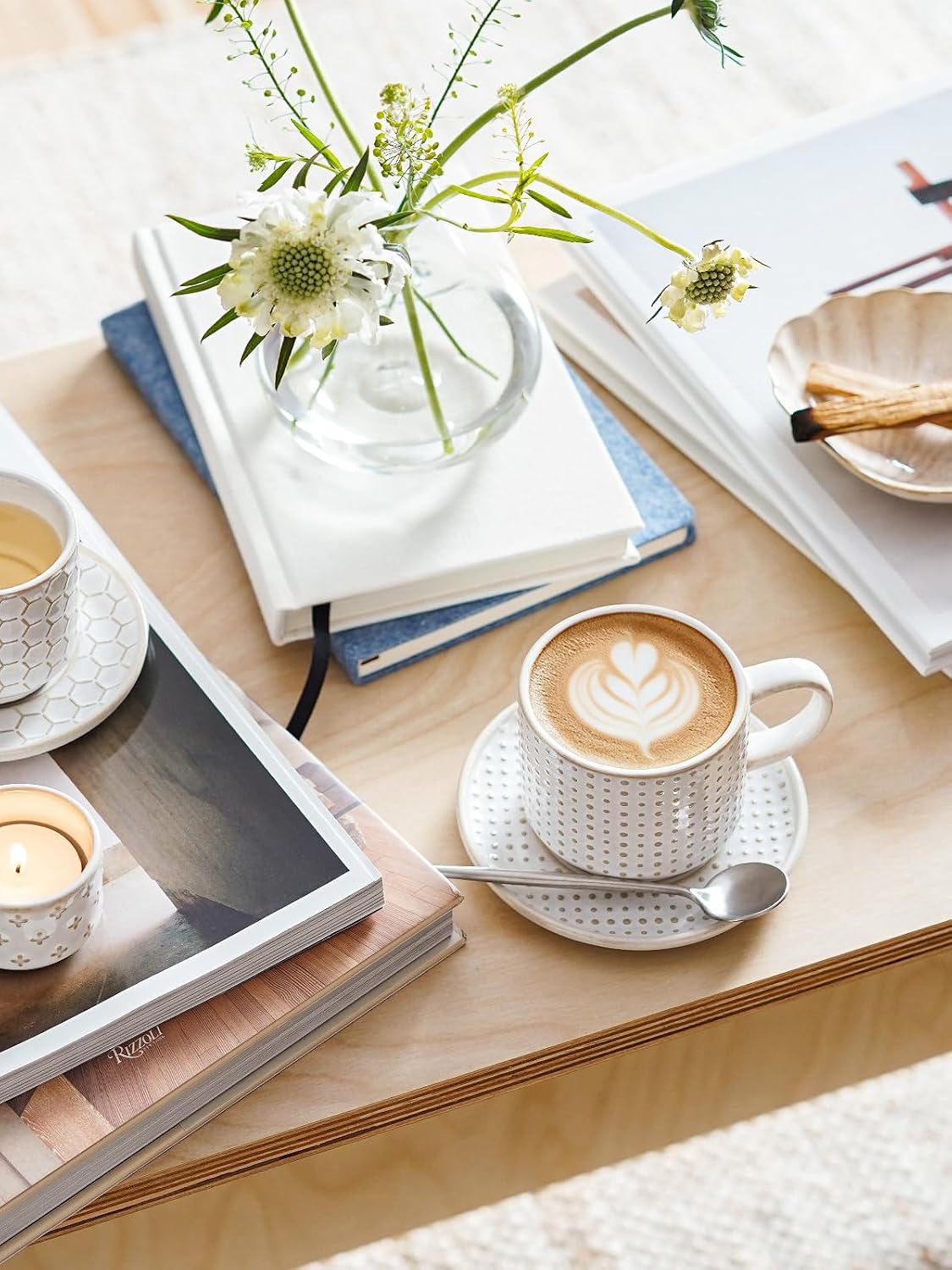 6 oz Stackable Cappuccino Cups with Saucers and Stand, Set of 4, Ceramic Coffee Cup Set for Flat White, Tea