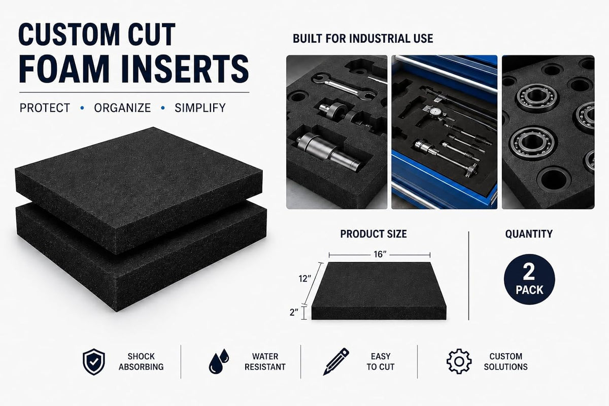 Polyethylene Foam Sheets 16 x 12 x 2 Inch, Closed Cell PE Foam, Tool Box & Case Insert, Black, 2 Pack