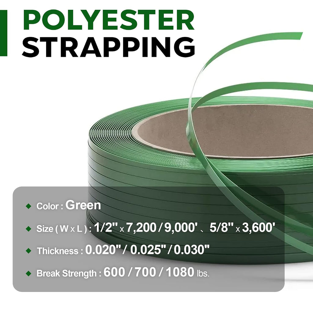 8NET 1/2'' Width x 7200 Length Polyester PET Strapping, Thickness: 0.020'', Break Strength: 600 lbs, Core: 16x6''