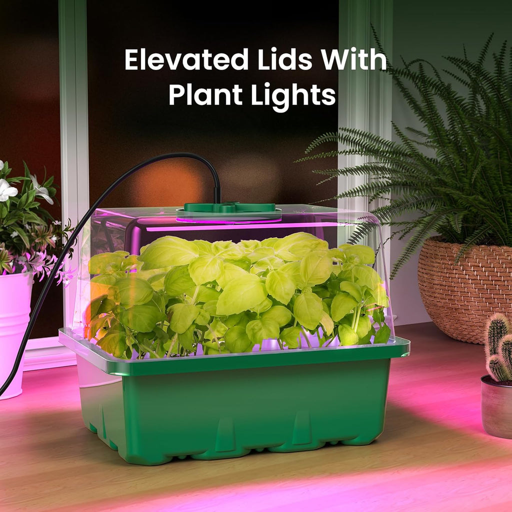 Seed Starter Kit with Grow Light, Elevated Seedling Tray Kit with Adjustable Humidity Dome and Clear Cell Tray, 12