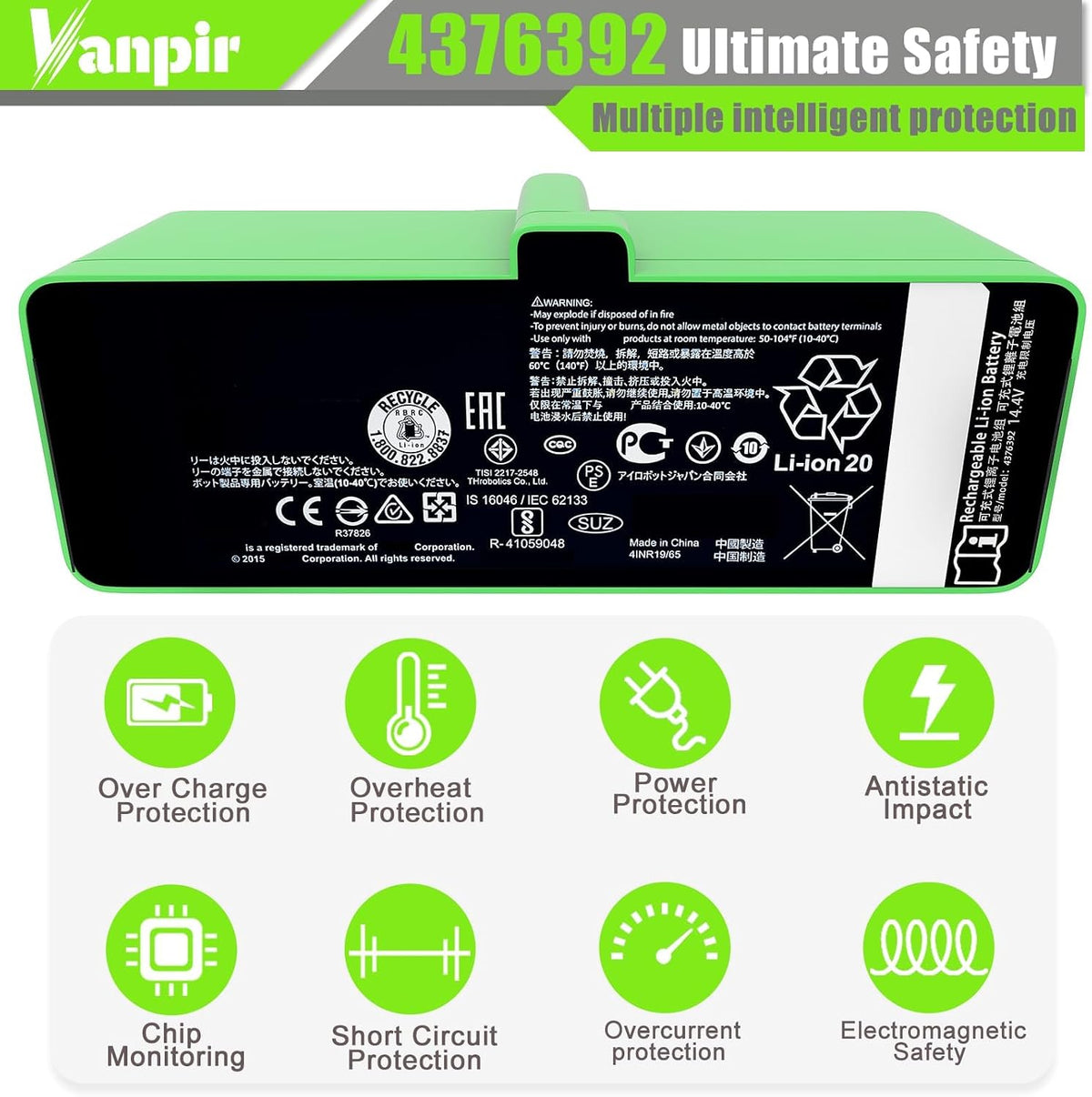 Replacement Battery for iRobot Roomba 500 600 700 800 900 Series 4376392 5200mAh 74.88Wh Upgrade battery Compatible with Roomba 960 981 970 965 801 805 850 860 890 891 895 695 690 685 680 670 1800LI