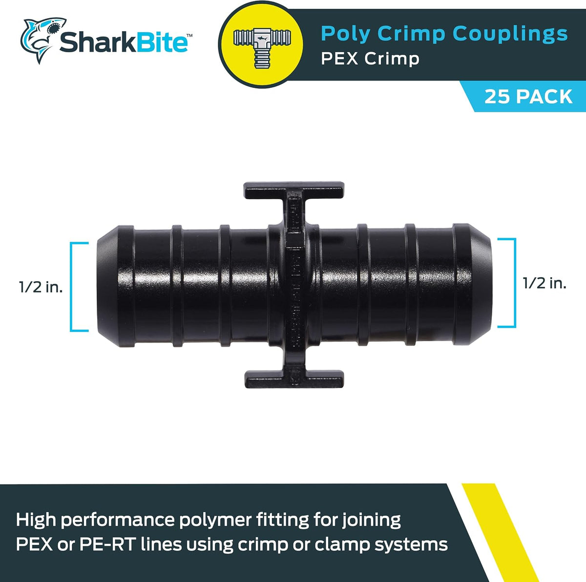 SharkBite 1/2 Inch Poly Crimp Coupling, Pack of 25, PEX Pipe, PE-RT, UP008