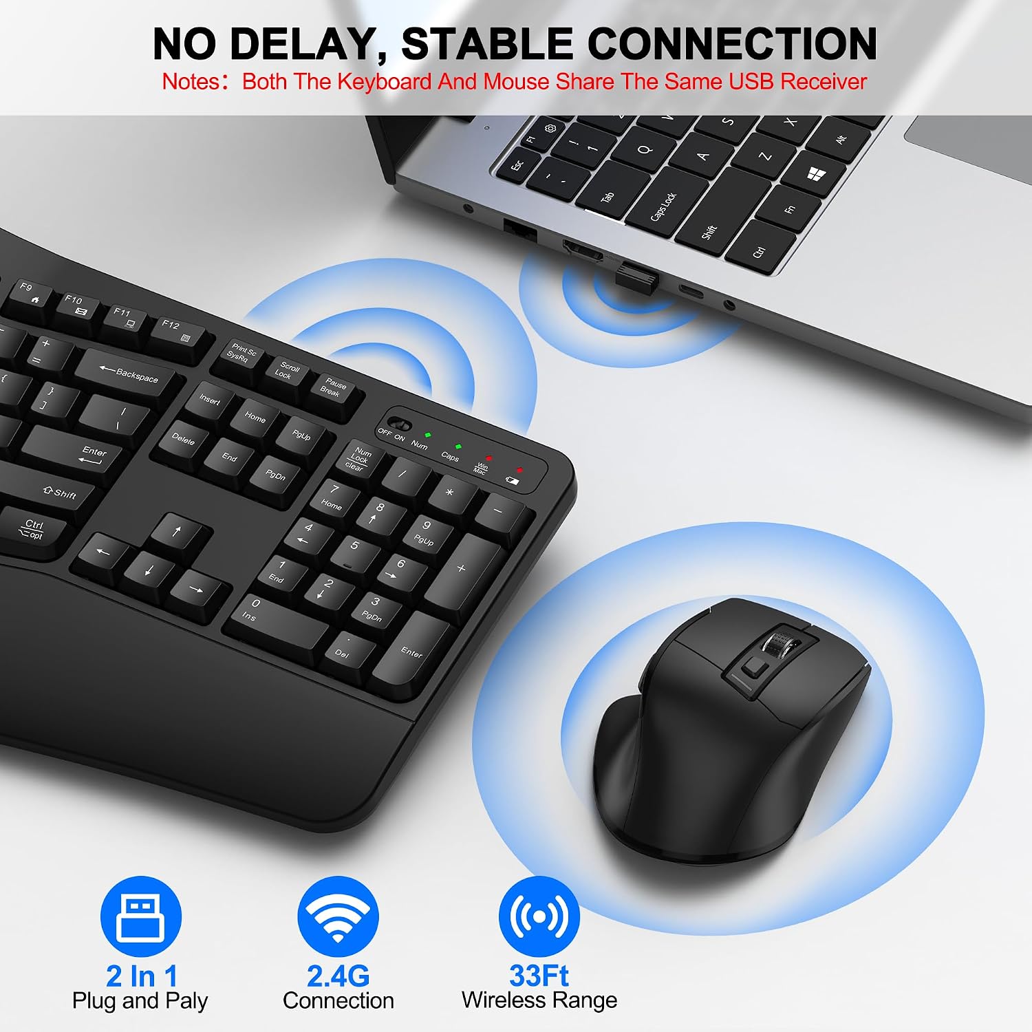 Wireless Keyboard and Mouse Combo, 2.4G Ergonomic Wave Keys(Black) | Full Size Wave Keyboard with Wrist Rest, 3-Level