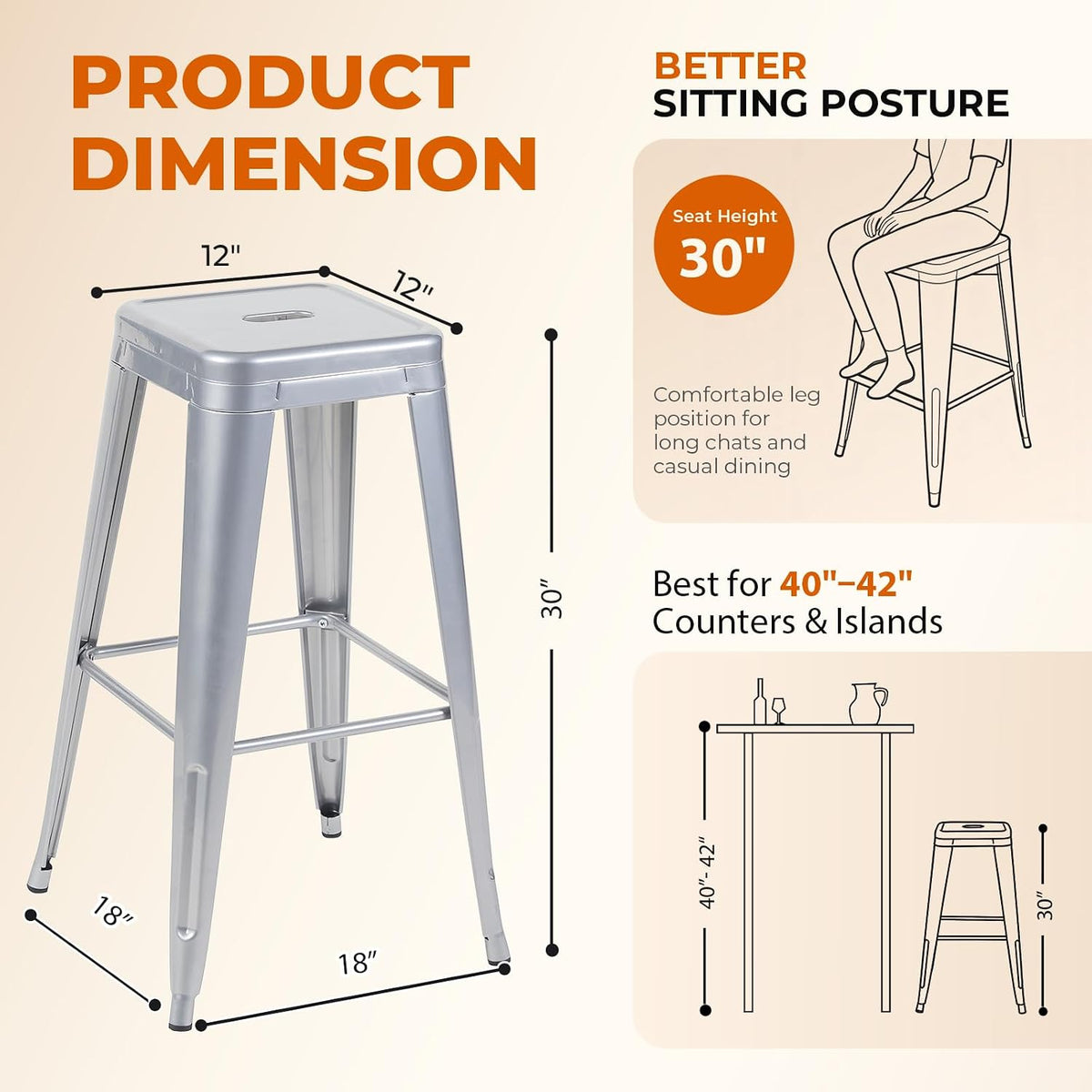 Moonlight Silver Metal Bar Stools Set of 4, 30"