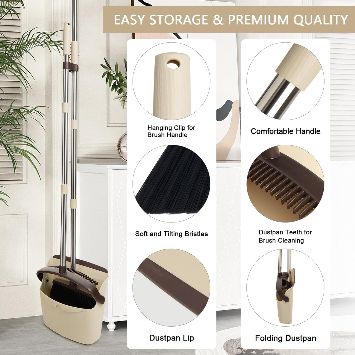 Broom and Dustpan Combo Set,55" Long Handle,Beige