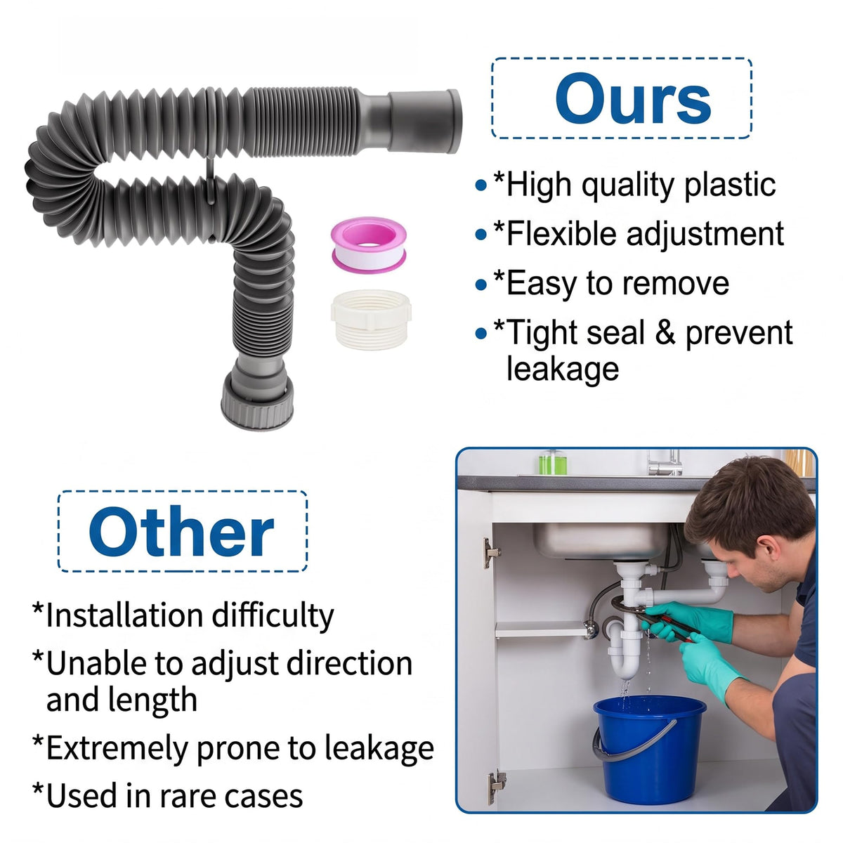 Universal 1-1/4 and 1-1/2 Inch Flexible Expandable P-Trap Drain Kit