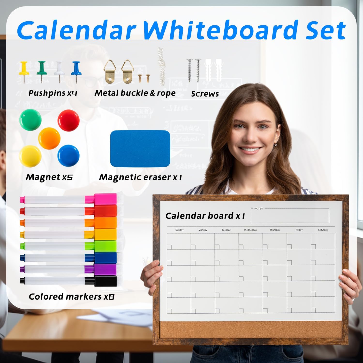 Dry Erase Calendar Whiteboard, 17" x 13" Magnetic Whiteboard Cork Board Combo, Reusable Monthly Planner with 8