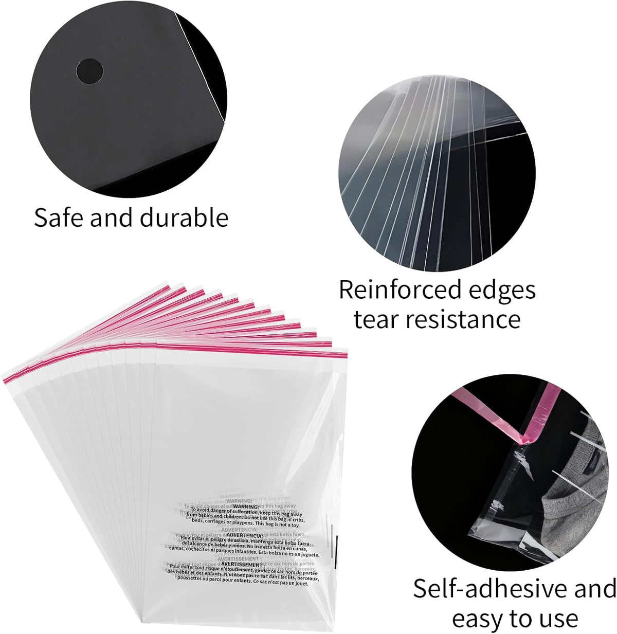 400 Counts Self Seal Clear Poly Bags with Suffocation Warning, 6x9" 8x10" 9x12" 11x14" Resealable Cellophane Plastic