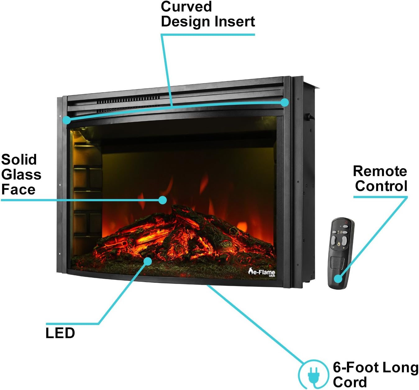 Quebec 27 inch Electric Fireplace Stove Insert with Remote | Realistic 3-D flame effect runs with or without