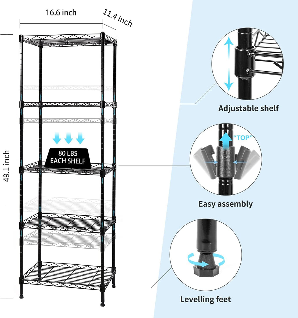 5-Tier Wire Shelving Adjustable Shelves Unit Metal Storage Rack for Laundry Bathroom Kitchen Pantry Closet