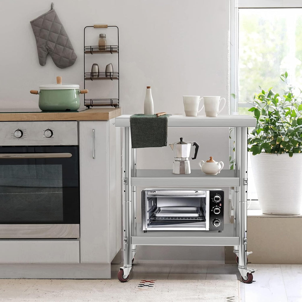 36" X 24" Stainless Steel Table with Wheels, 3 Shelves
