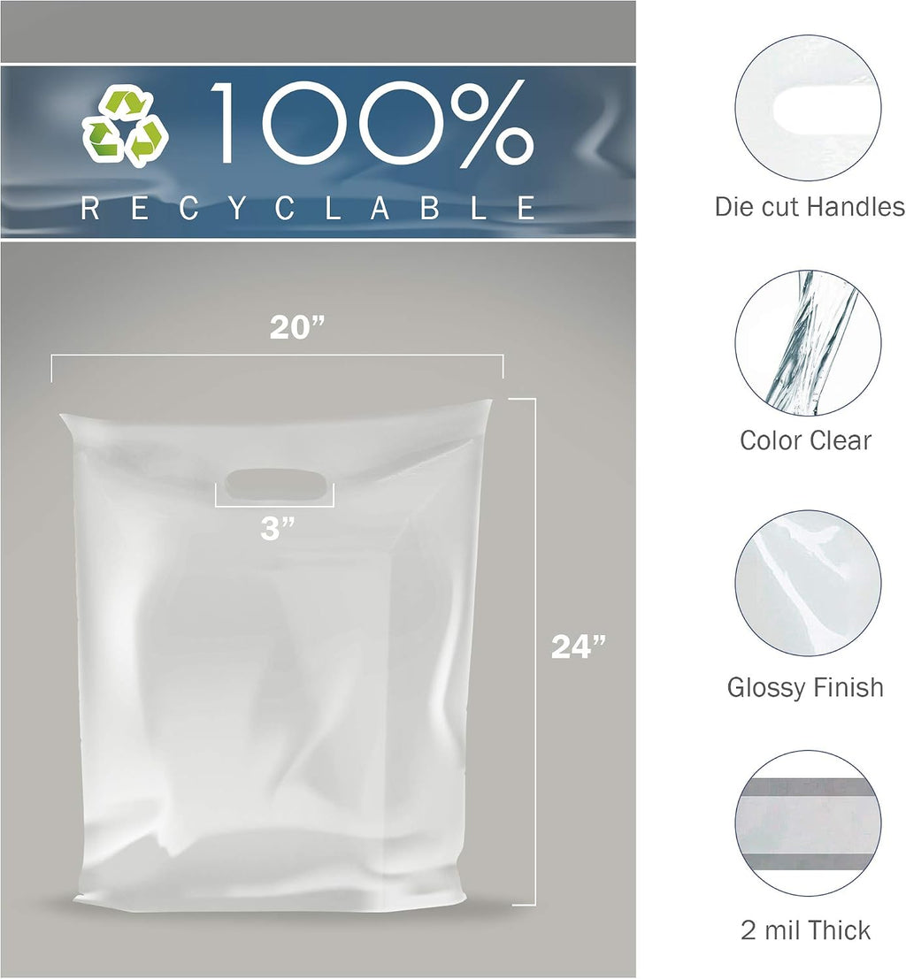 20x24 Clear Plastic Bags, Extra Large, Glossy Finish, 2 Mil Thick, 100 Pack