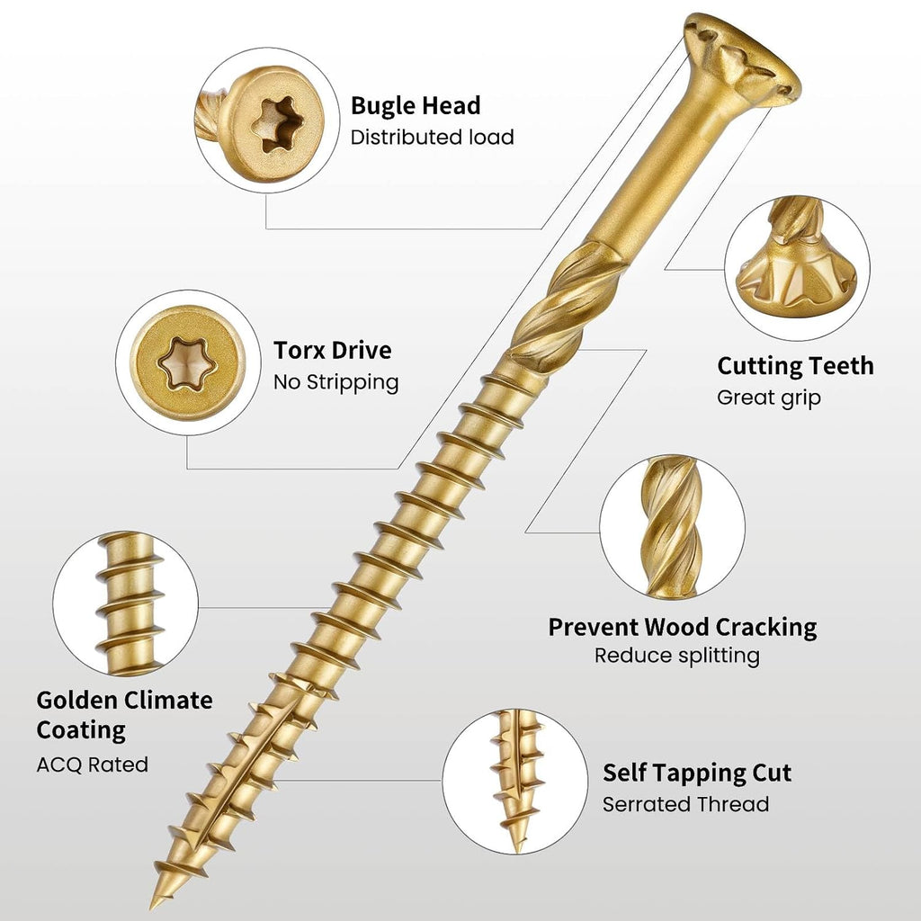 #9 x 2 in Multi-Purpose Wood Deck Screw for Interior and Exterior,Bugle Head,Golden Coated with T25 Bit Star Drive