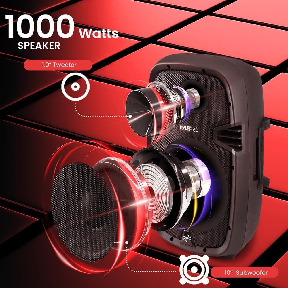 PRO 1000W Powered Bluetooth PA System Speakers - Active DJ Speakers with 10 Inch Subwoofer Monitor Speaker and