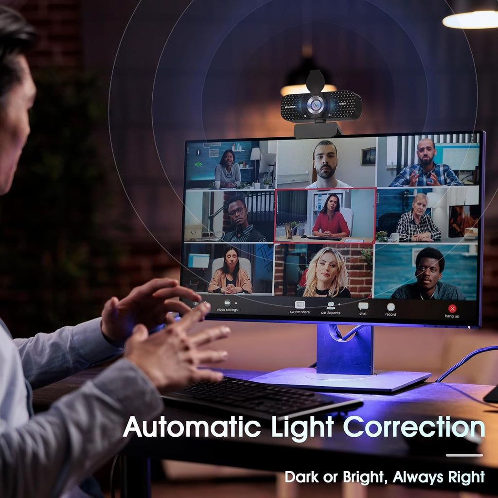 1080P Full HD Webcam with Noise-Canceling Mic, Auto Light Correction, Privacy Cover and Wide Angle Lens, Plug & Play