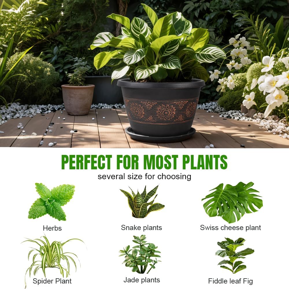 10 Inch Retro Plant Pots 4 Pack with Drainage and Saucers Copper | Copper retro PP pots with drainage holes and
