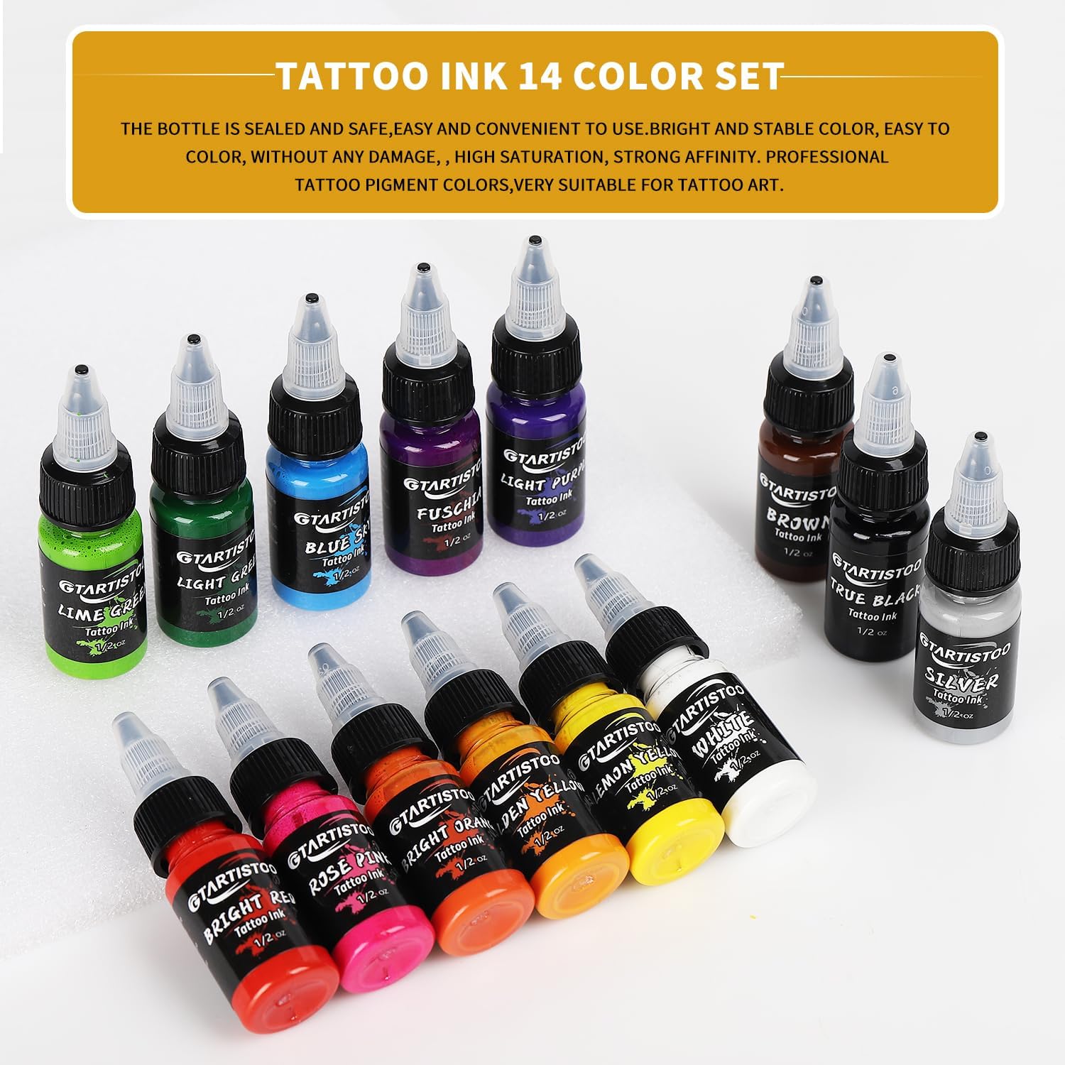 Tattoo Ink Set 14 Colors 0.5oz Vegan-Friendly Pigment Supplies