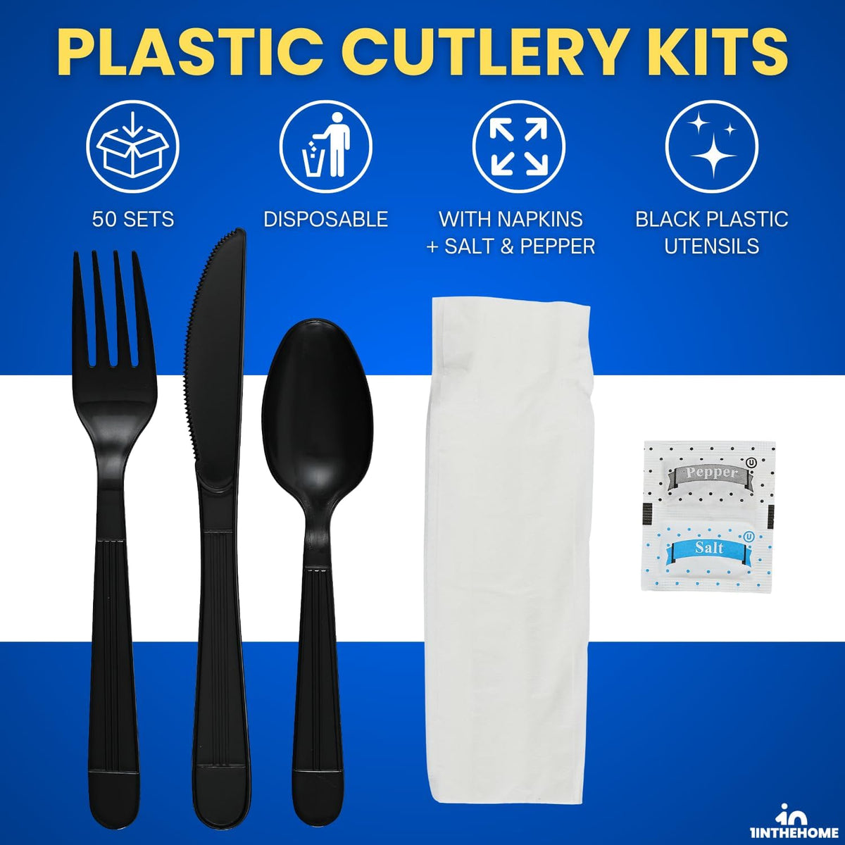 Cutlery Set Disposable Packet, Plastic Individually Wrapped Utensils Set – Knife, Fork, Teaspoon, Napkin, Salt &