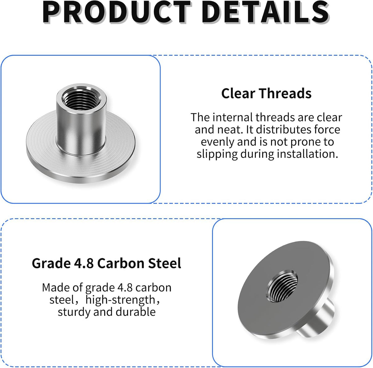 30pcs M6 Round Base T-Nuts, 10mm Height, 17.5mm Flange