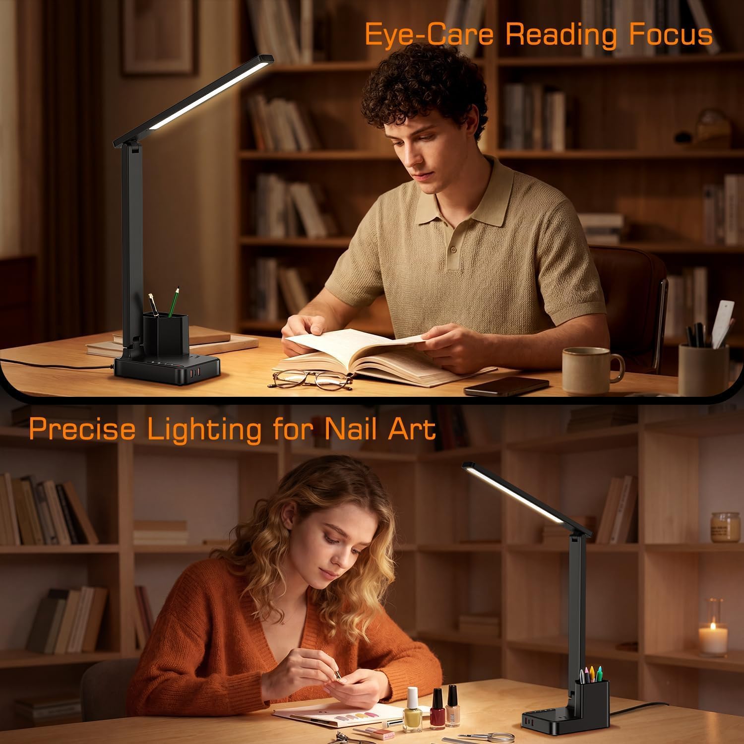 LED Desk Lamp for Dorm Office, USB C, AC Outlet Charging Port, Black | Dorm Room Essentials for Guys, Eye-Caring
