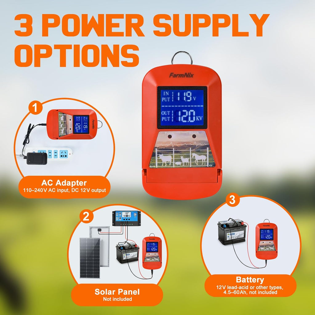 12KV Electric Fence Charger, 15 Miles 3 Joules Electric Fence Kit | Waterproof, Large LED Display, Flip Design
