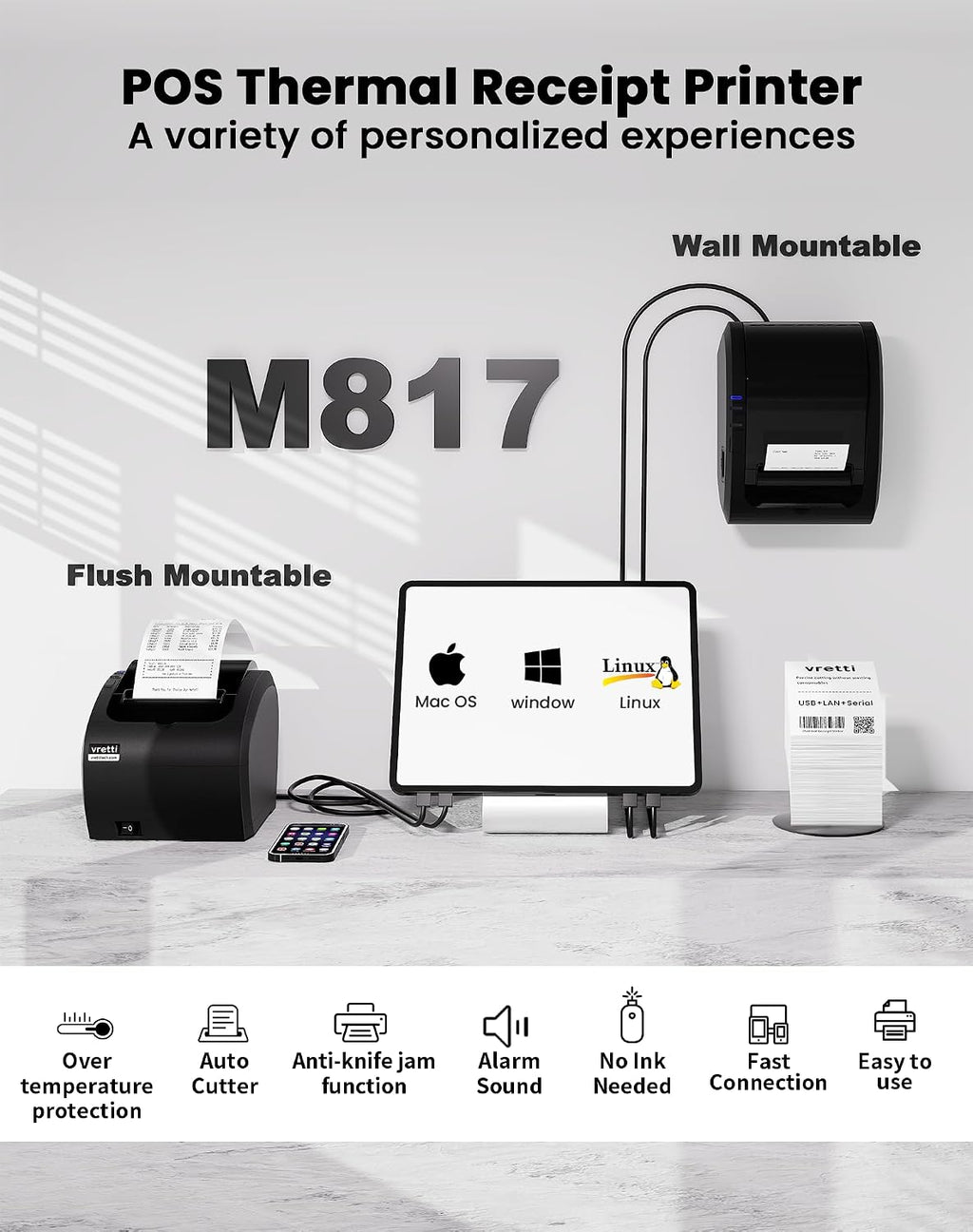 Thermal Receipt Printer, 3'1/8 80mm POS Restaurant Kitchen Printer | with Auto Cutter Support Cash Drawer, USB Serial