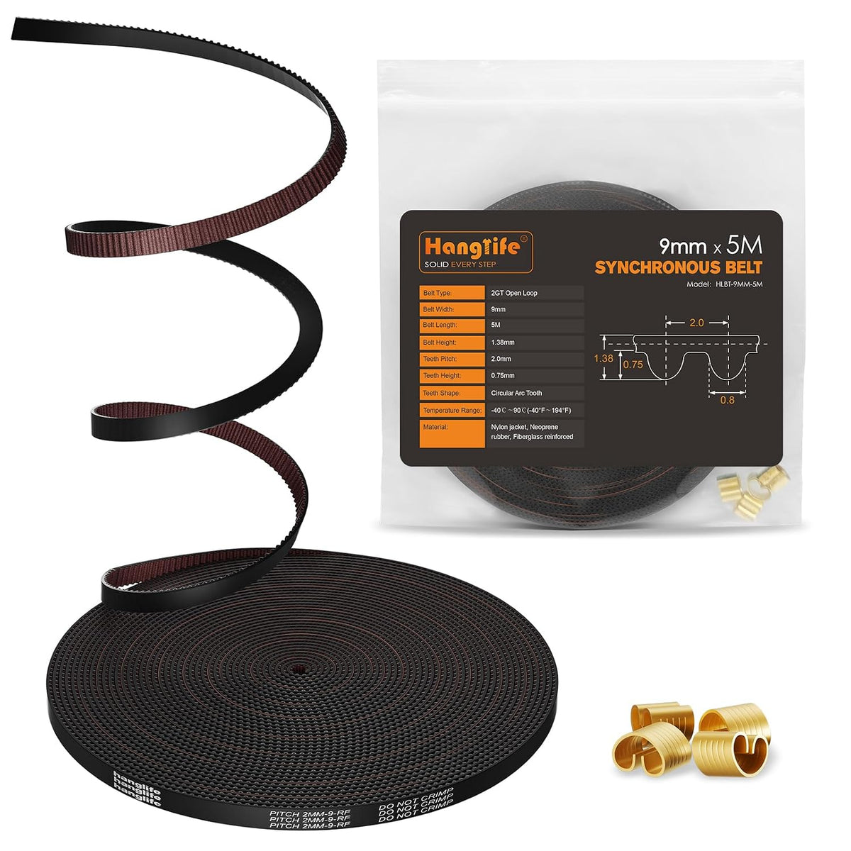 HANGLIFE GT2 Timing Belt with Copper Buckle - 3D Printer Open Synchronous Belt (2mm Pitch) 3D Printer Accessories - 9mm x 5M (16.4ft)