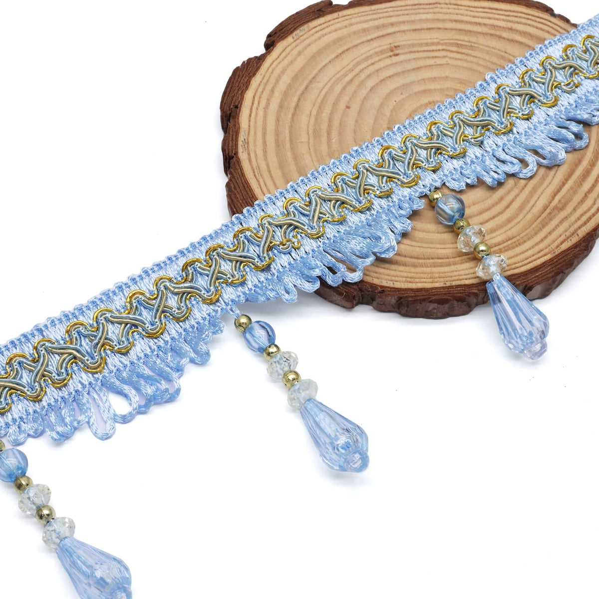 Blue Beaded Fringe Trim, 4 Yard, 3.5 Inch Wide