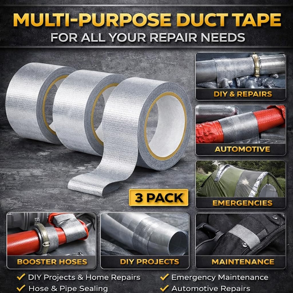 Heavy Duty Duct Tape, Silver, 3 Pack, 90 yd Total, 8.26 mil