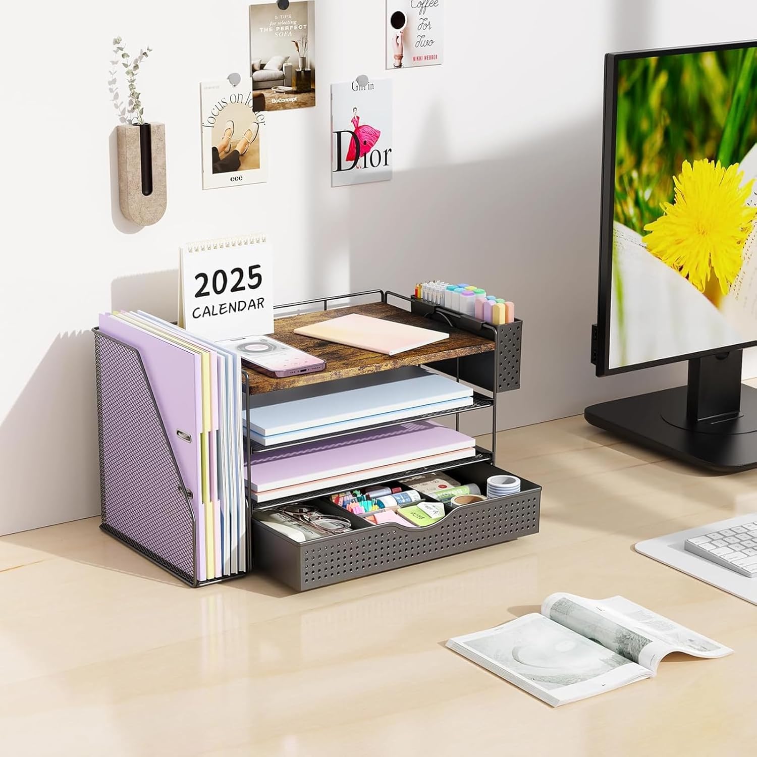 Wood Desk Organizers and Accessories with File Sorters, 4-Tier Desk Accessories & Workspace Organizers with Drawer