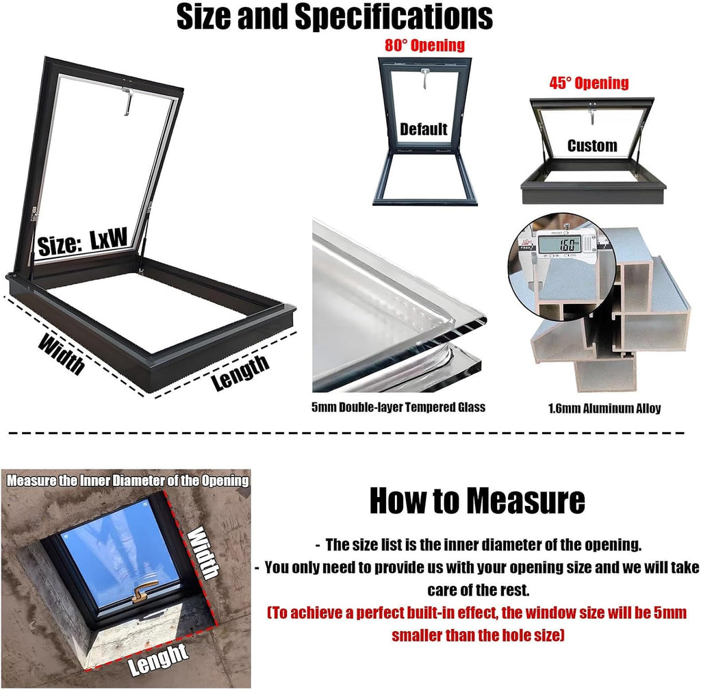 39x22 Sun Room Skylight Roof Window, Aluminum Roof Access Hatc with Double-Panel Tempered Glass, Sealing Strips