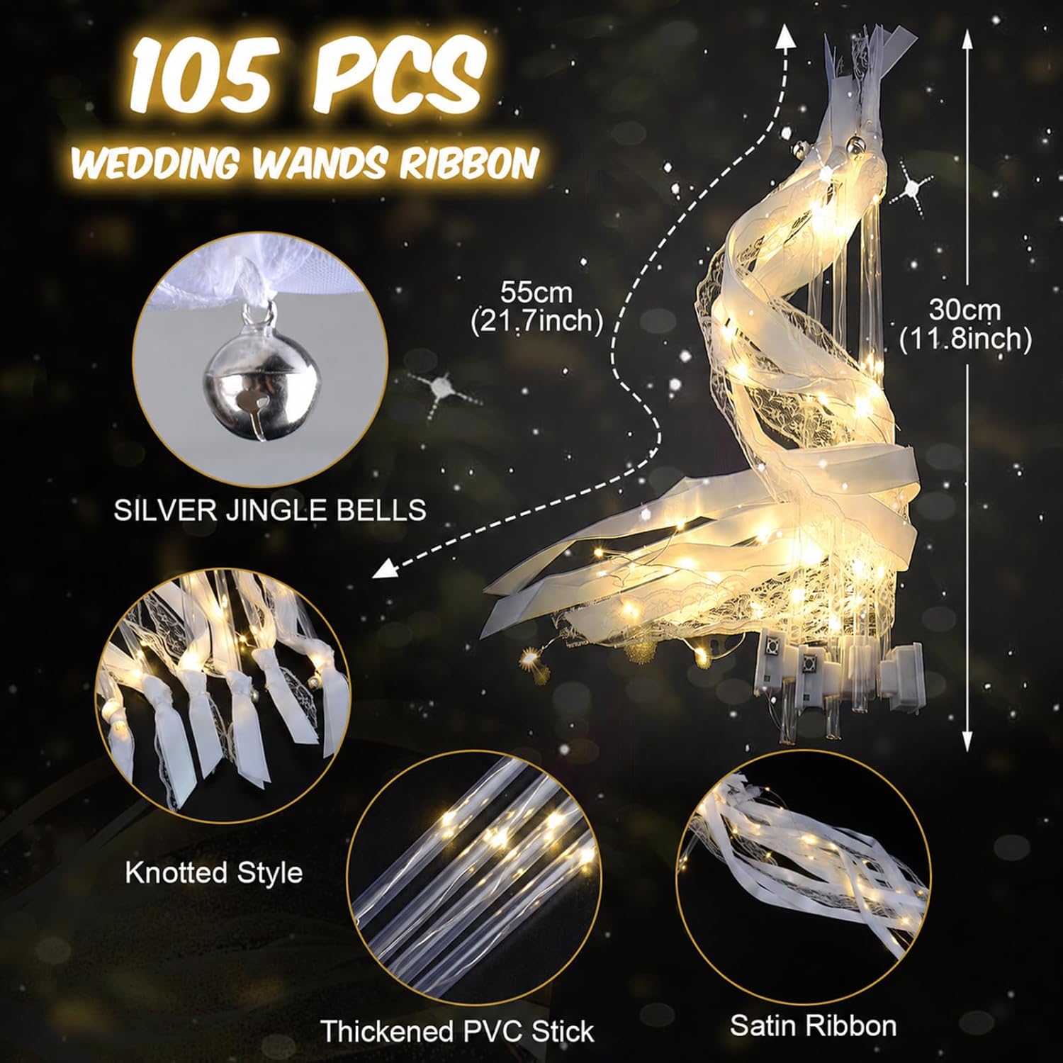 105 PCS Light Up Wedding Wands, LED Fairy Wand, Wands Streamers with 3 Flashing Modes, LED Silk Fairy Wand with