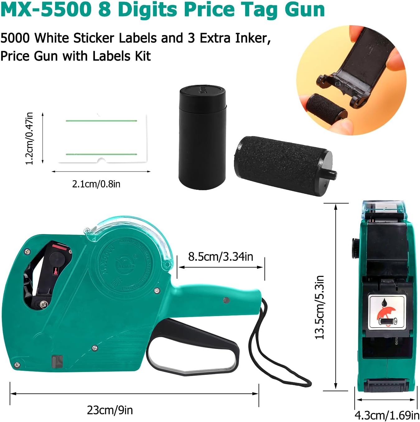 MX-5500 8 Digits Price Tag Gun with 5000 White Sticker Labels, Price Gun for Grocery Store Marking (Green)