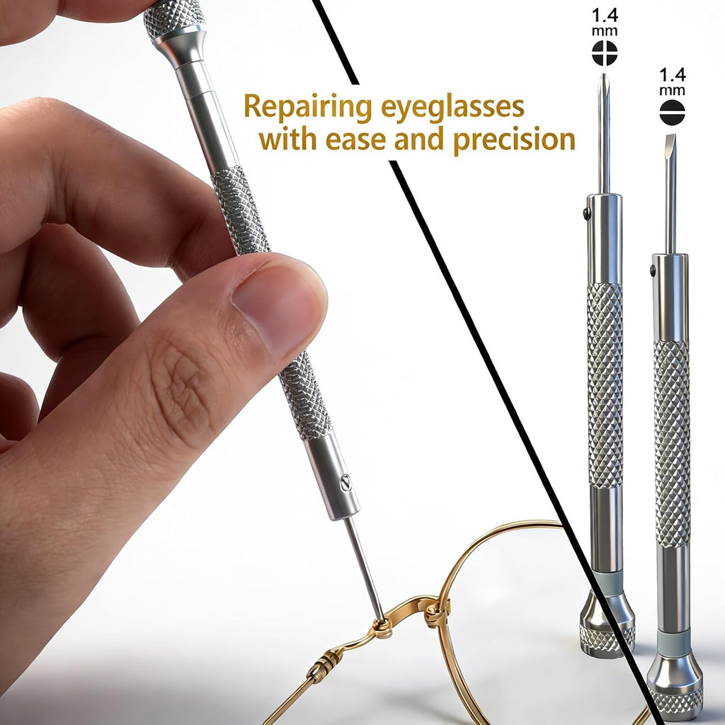 Gold Eyeglass Repair Kit with 18 Sizes Gold-Plated Screws, 1.4mm Precision Screwdrivers, Tweezers, Nose Pads & Cloth