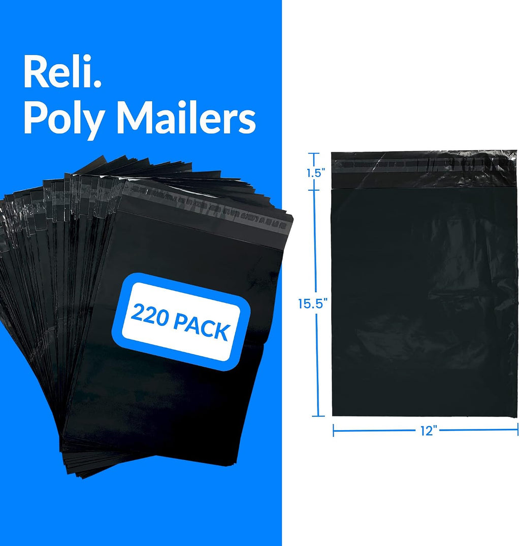 (220 Pcs) 12x15.5" Black Poly Mailers | Shipping Bags, Small Business