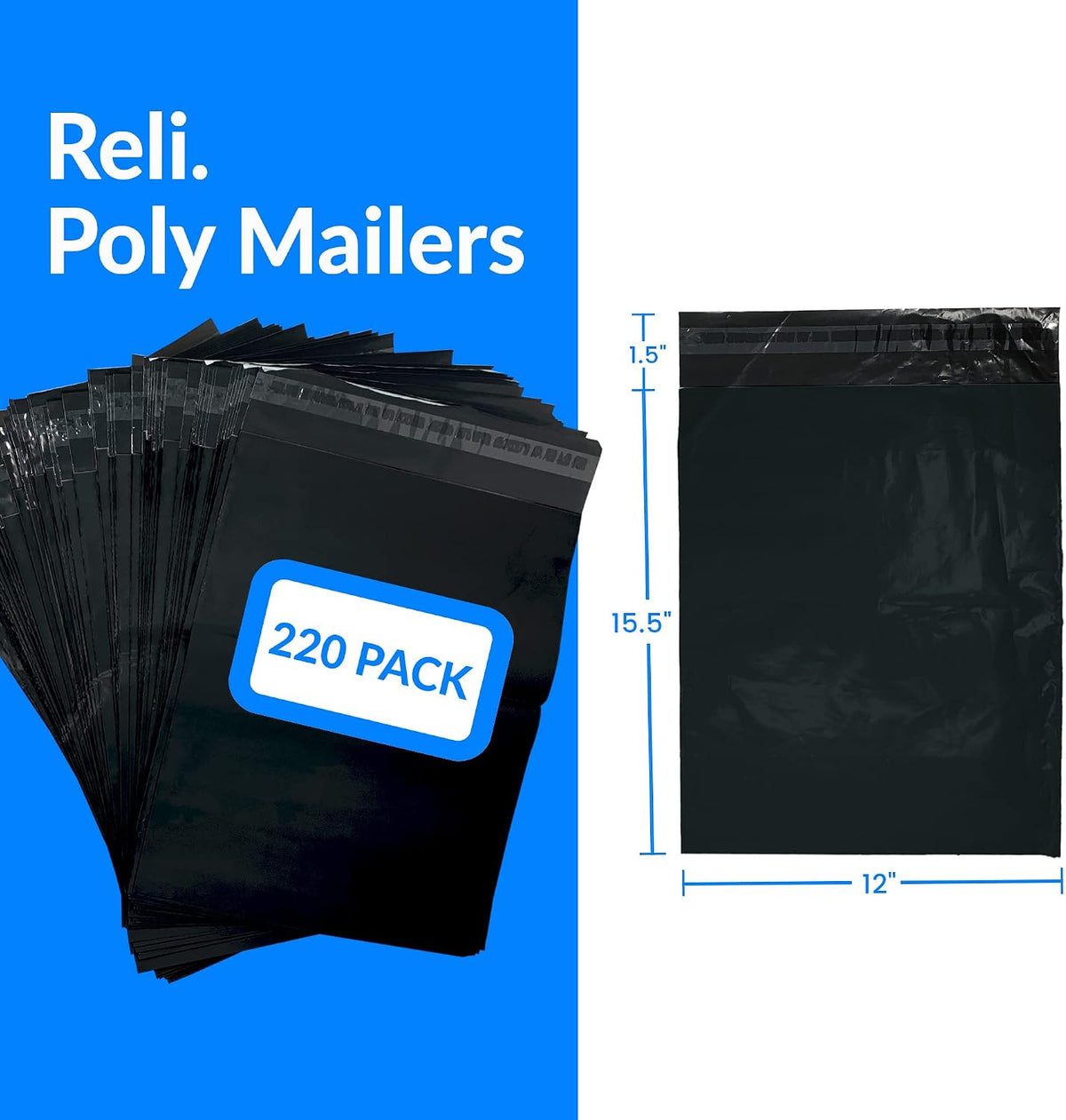 (220 Pcs) 12x15.5" Black Poly Mailers | Shipping Bags, Small Business