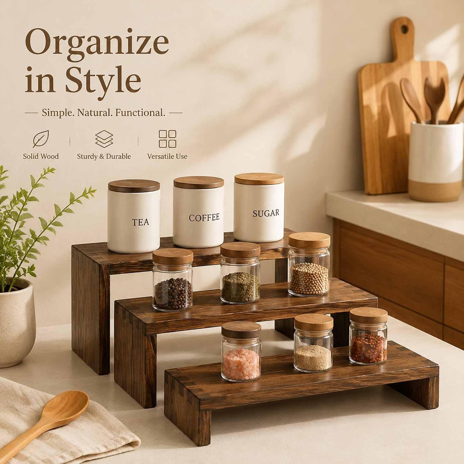 3-Tier Wooden Display Risers, Tiered Display Stand, Shelf Risers for Table Display, Small Wood Display Shelf (1