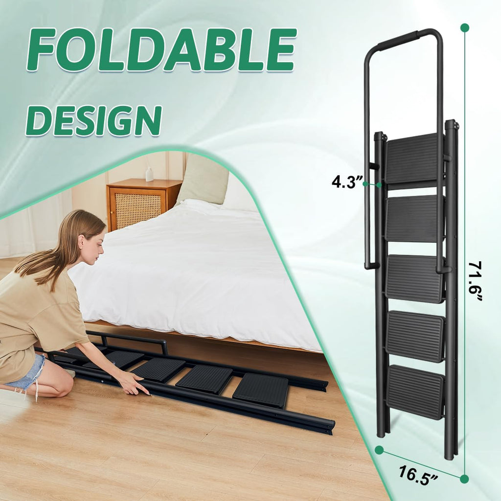 5-Step Folding Ladder with Handrails, Heavy Duty Ladders for Home & Kitchen, Folding Ladder Easy to Store, Tall
