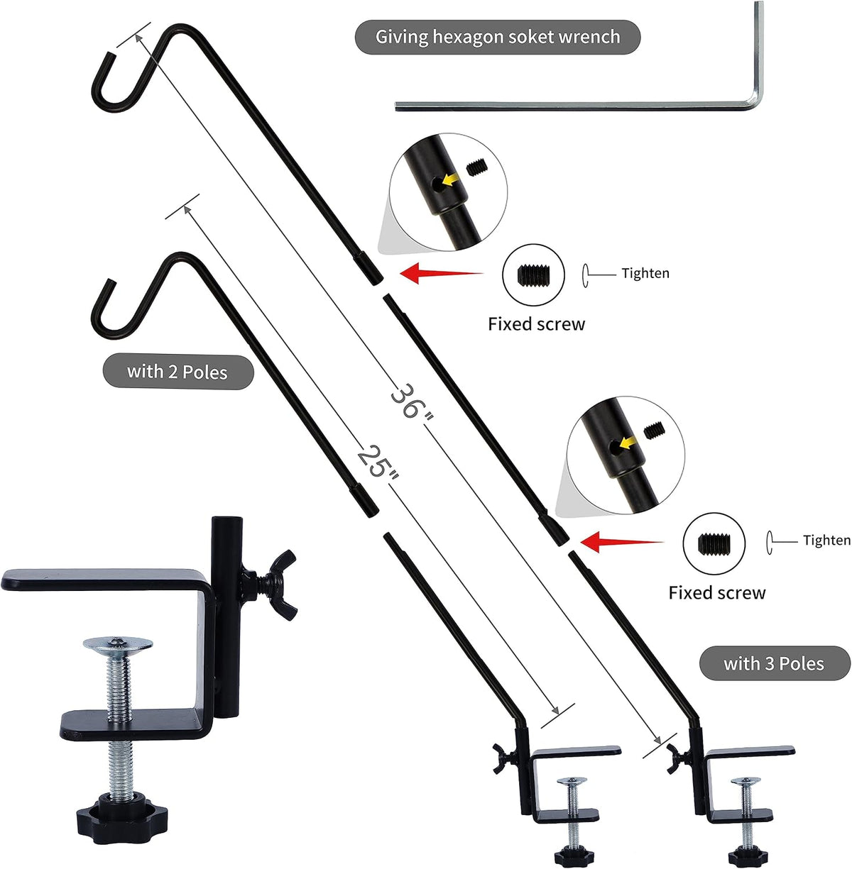 Heavy Duty Deck Hook with 2 Inch Non Slip Clamp, 25 or 36 Inch Extended Reach Deck Hook, Adjustable Rail Pole Plant