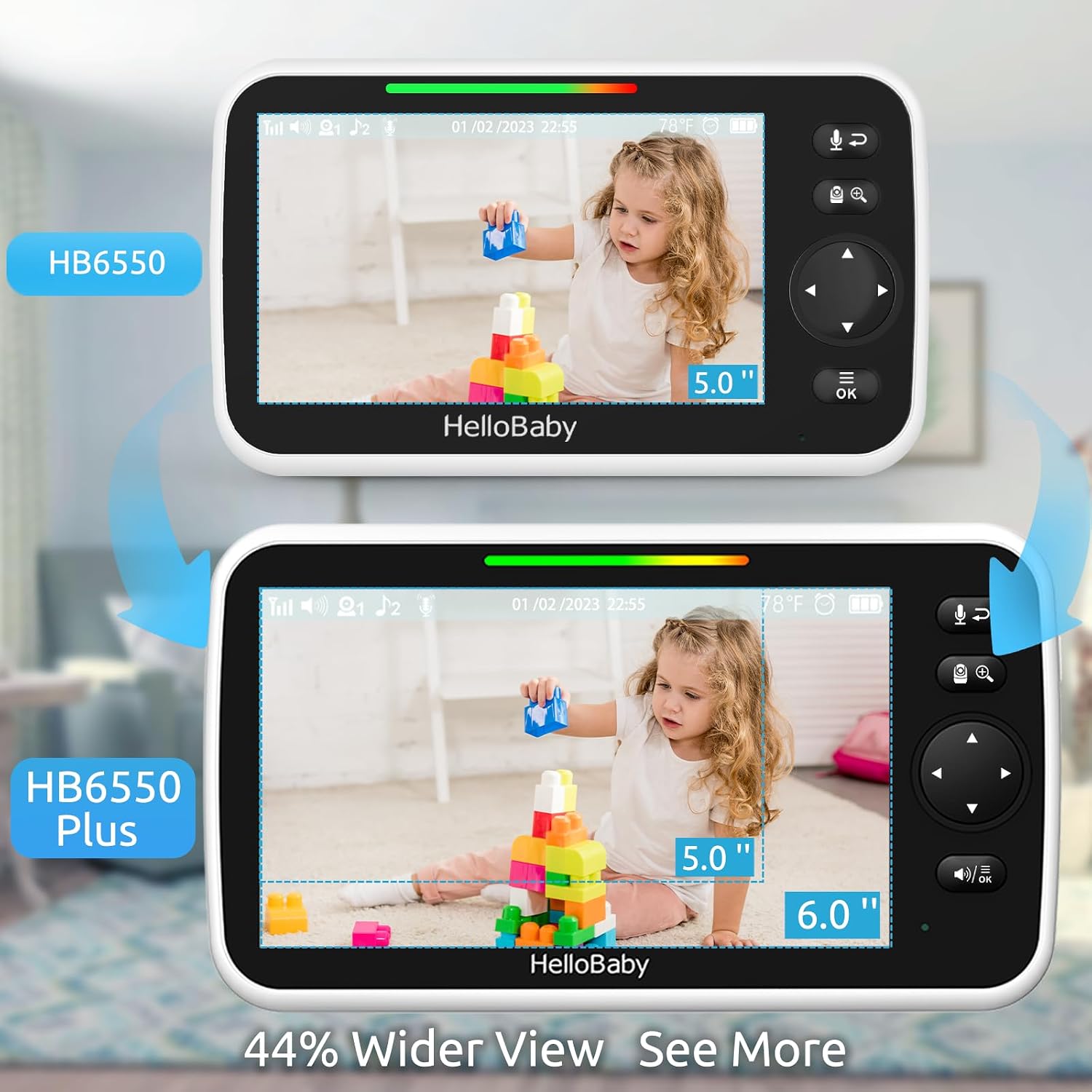6'' World First IPS 30H Battery Split-Screen Video Baby Monitor with Camera and Audio, No WiFi, Pan-Tilt-Zoom, VOX
