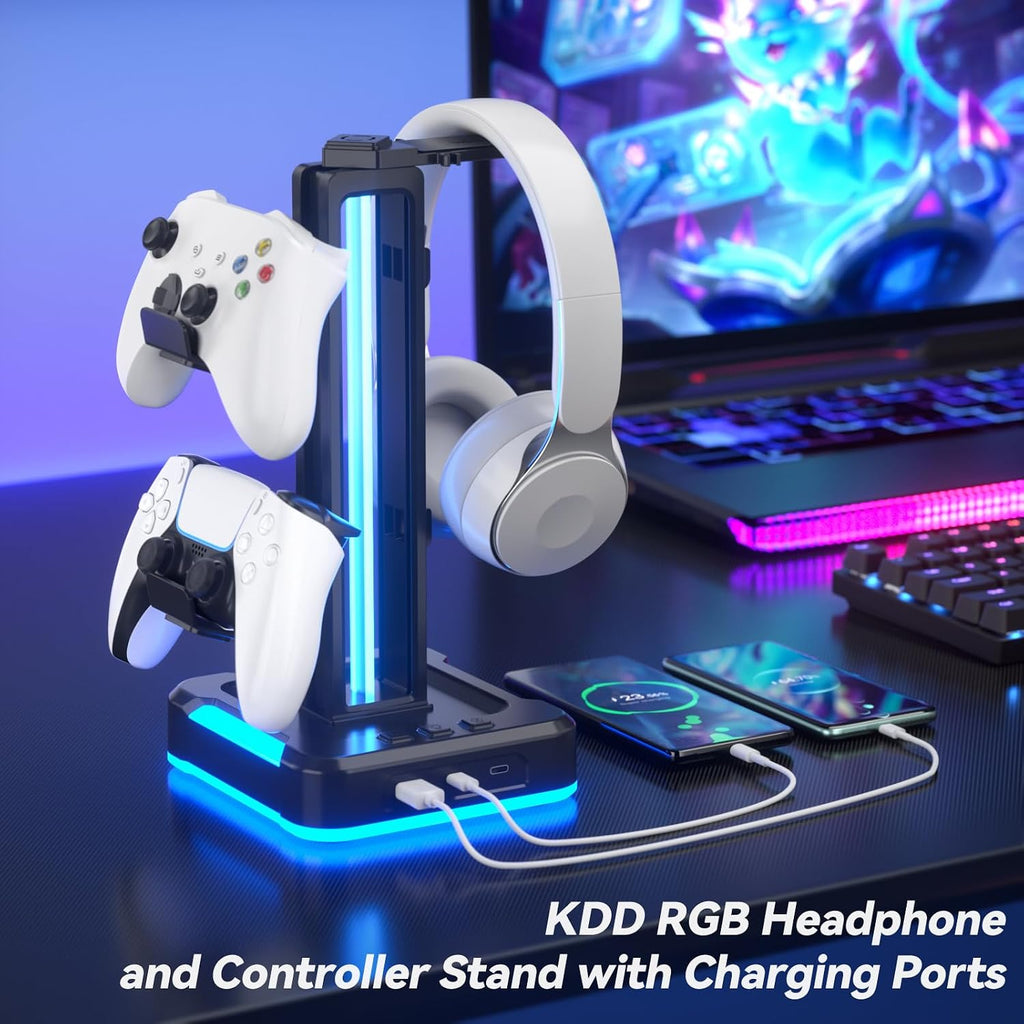 RGB Gaming Headphone and Controller Stand with 2 Type-C and 1 USB Ports | Headset Stand with 9 Light Modes, Headset