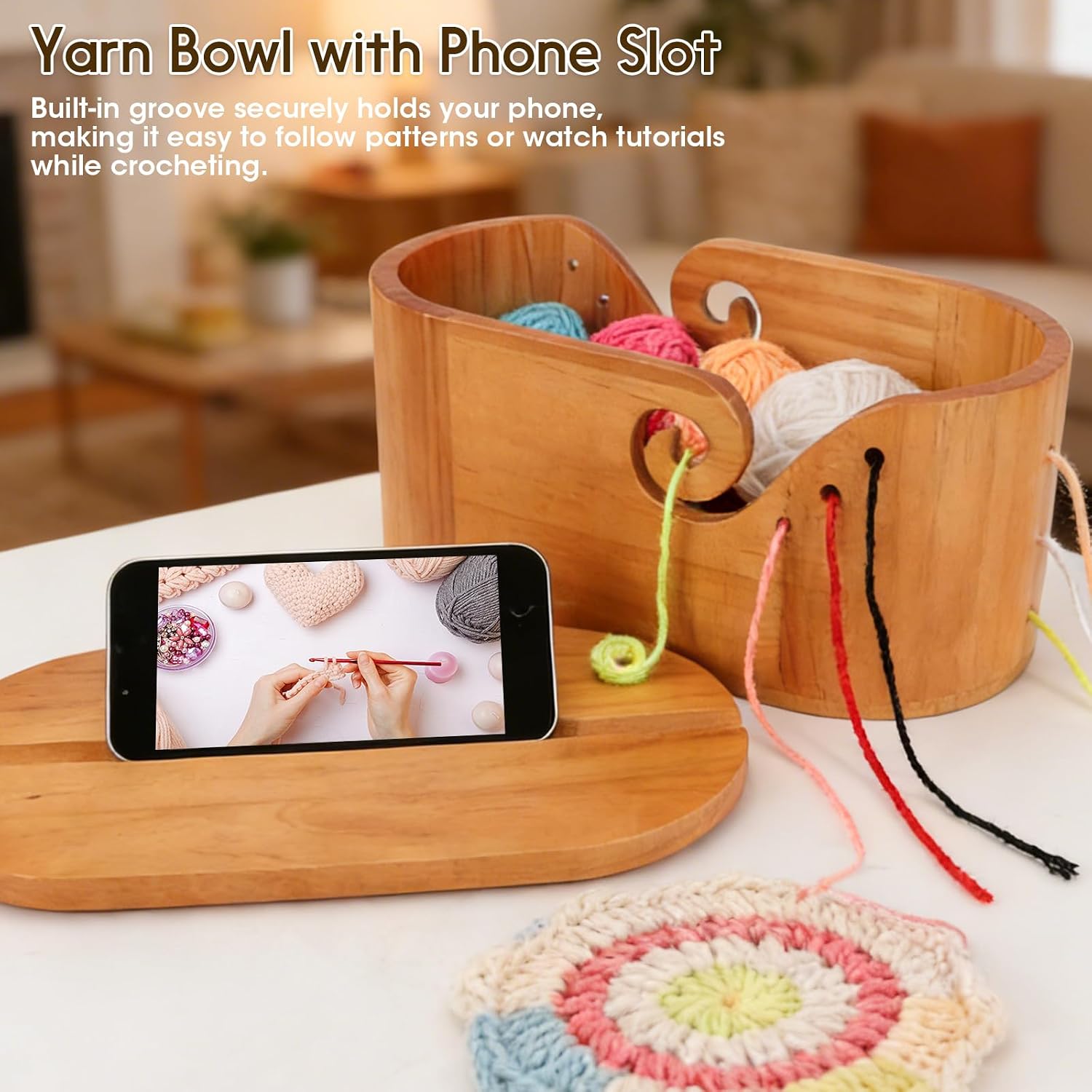 Large Wood Yarn Bowl with Lid, Crochet Yarn Holder with 7pcs Knitting Hooks, No-Tangle Design, Yarn Storage Crochet