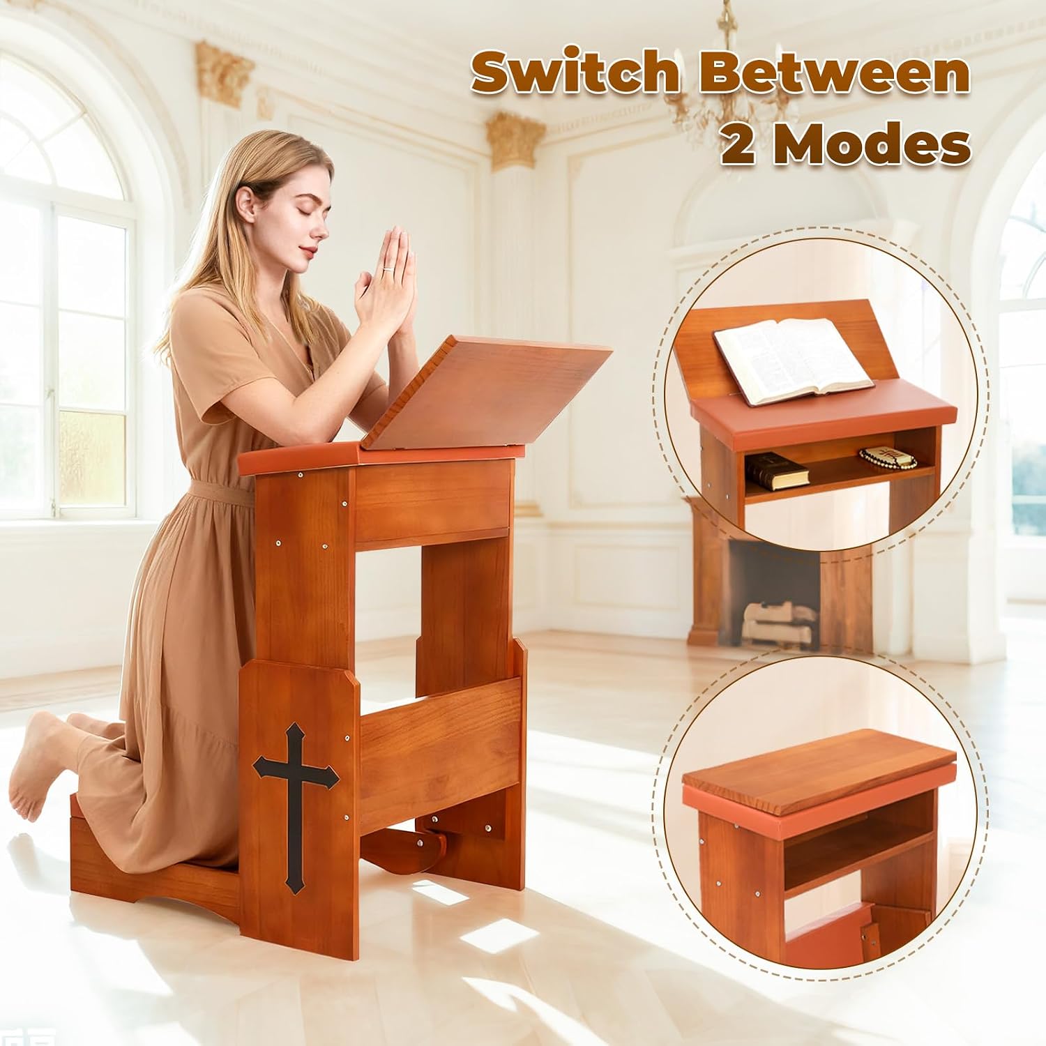 Prayer Kneeler Bench with Book Rest, Adjustable Height