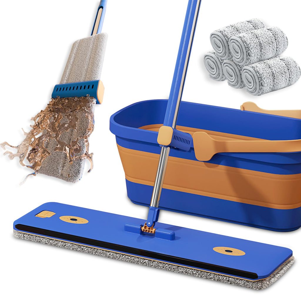 16.5" Self Wringing Flat Mop and Collapsible Bucket Set